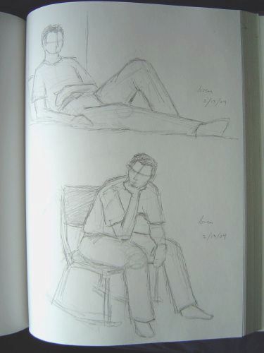 I also have to do out of class sketching for my figure drawing class. I had Loren come over and pose for me. (Oh, the conveniency of having a twin!) Both of these were 15 minute poses. 