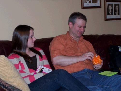 The birthday kids -- Alan and Madeleine opening presents together.  By the way, just for the record, Alan isn't wearing birthday socks.