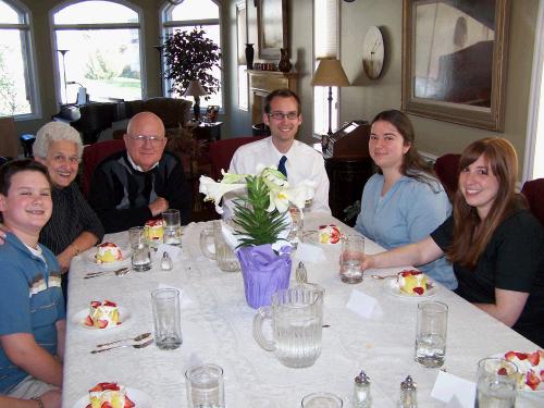 Easter Sunday dinner -- left to right, Clark, Grandma Pat, Grandpa Wally, Loren, Anne, and Nichole Trone (Phillip's good friend who was visiting from Oregon for the weekend).