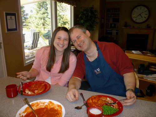 We made Alan change out of his white shirt because there is a tendency for the Halusky red sauce to jump onto your clothes.  Halusky is Alan's all time favorite dinner.  Madeleine picked the poppyseed birthday cake.