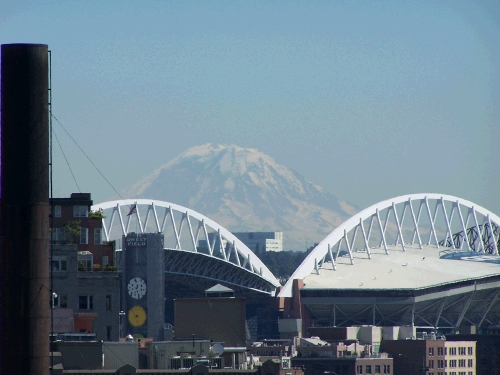 It was a gorgeous day (highly unusual for Seattle -- it was pouring rain in Salt Lake that day) and I was able to zoom up and get a photo of Mount Rainer in the background of Seattle.  