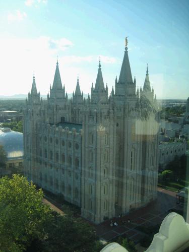 The Salt Lake Temple from the observation deck of the Joseph Smith Memorial Bldg.