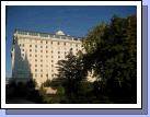 This is the Joseph Smith Memorial Bldg. which used to be the Hotel Utah.  The Roof restauraunt is on the top floor where you see all the big windows.  Notice the silhouette of the Salt Lake Temple on the left side?