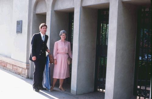 Alan with his mother on their way into the temple the day of our wedding.