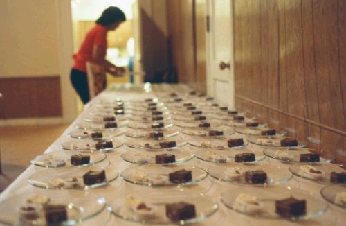 The refreshments being plated at the reception.  I think it was a brownie with ice cream and a nut / mint cup.  And of course we had the famous Brown family rhubarb slush.