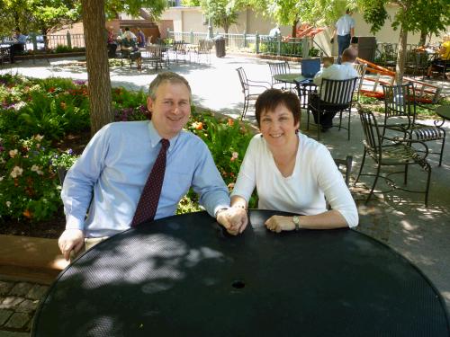 Since Alan was working on our actual anniversary (a Monday) I surprised him by bringing a picnic lunch for us to enjoy out on the patio between the Joseph Smith Memorial Building and the Temple.  We happened to see a member of our ward there who offered to take our picture.