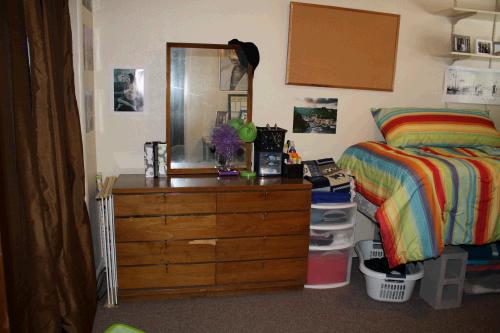 For some reason all the closet doors were missing, so Madeleine got creative and hung curtain panels on a tension rod - smart huh?!