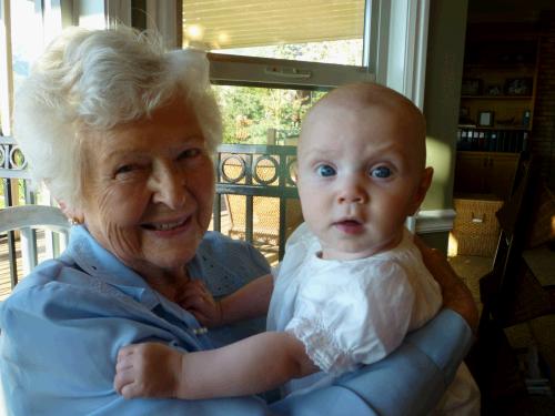 Kate with her Great Grandmother.  It is not easy to hold onto Kate -- she is such a Wiggly Wanda.