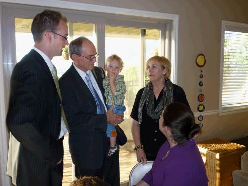 Loren and Anne talking with Elasha's parents, Kevin and Barbara Hanks visiting here from Texas.