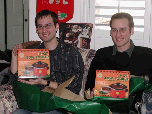 Pat gave the boys slow cookers for dorm cooking - great idea!