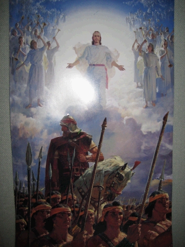 Phillip's teacher combined pictures of Christ's second coming and Helaman and the stripling warriors. The picture is in their classroom.