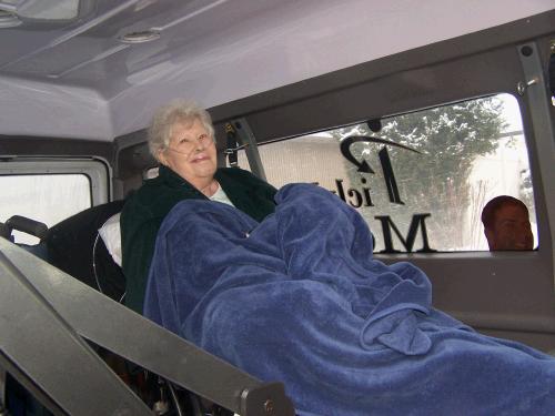 Aunt Shirley headed back to Sandy Regional in the van.