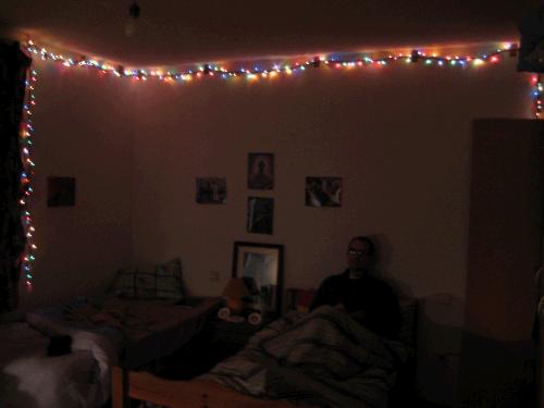 Our festive little room. (I'm writing in my journal.)