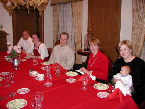 Valentine dinner at the Lion House.  From left to right...Mark, Cherry, Jared, Melinda, and Melanie with Jarom.  Rick had to be out of town -- so sad for him.