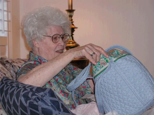 We gave Aunt Shirley a new bag for her needle work.  She loved it!