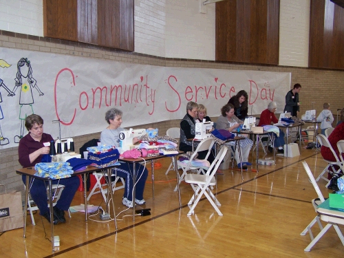 We had several people sewing up the fleece cancer caps.