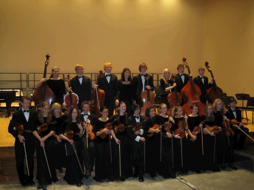 Madeleine with her school chamber orchestra.  She is just to the left of the guy in the middle of the front row.