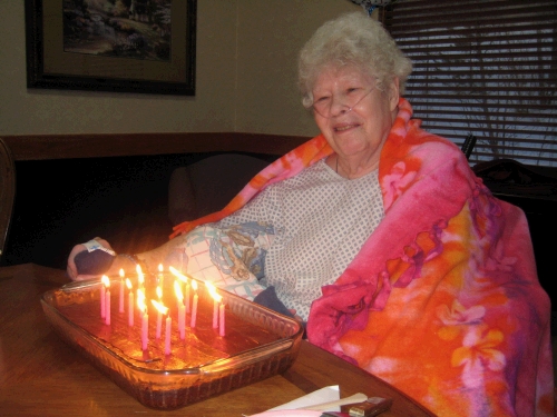 She did have a little trouble blowing out the candles -- that's what needing oxygen will do for you!