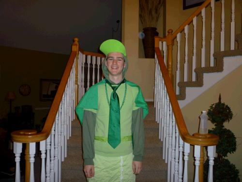 Waterford celebrates Spirit Day each year, where each of the Upper School classes wears a different color. The sophomores wear green. Elliot put on every green thing he could find in the house.