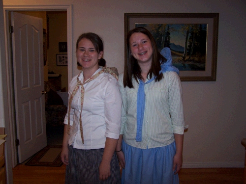 Tess and Madeleine at 5:00 AM!  Look how excited they are to go on the Stake Trek in pioneer clothing!