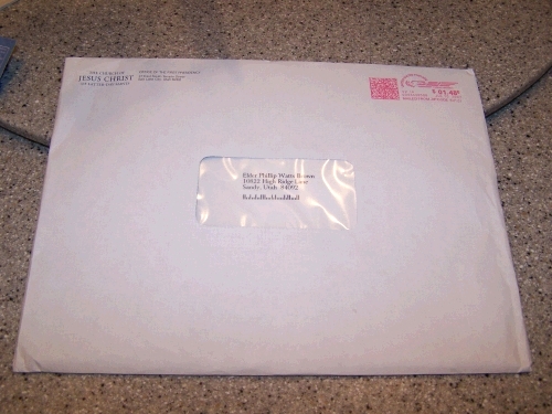 The long awaited envelope addressed to Elder Phillip Brown