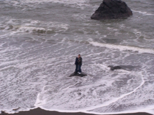 It is out of focus, but Clark and Elliot had run out to stand on the rock, thinking that the tide wouldn't come up past them -- they were surprised to find out how wrong they were!