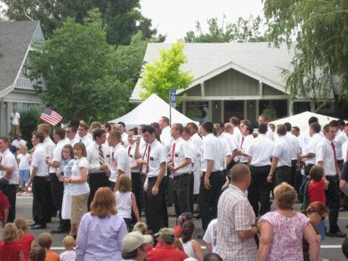 My favorite entry of the parade -- all the local missionaries walking, shaking hands and singing.