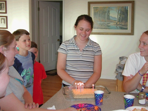 We made Rice Krispie treats to dip in the chocolate fondue, so we used part of it as a makeshift birthday cake, allowing us to have a candle/song moment.

We all decided we knew what her wish was....that she would pass her driving test the next day!