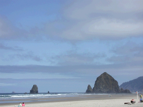 The view of Haystack Rock from our beach house.