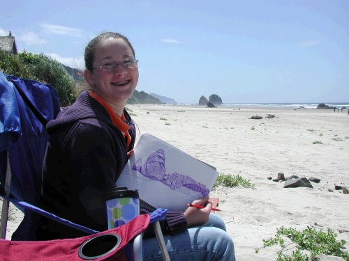 Madeleine's rendering of Haystack Rock in purple ink.