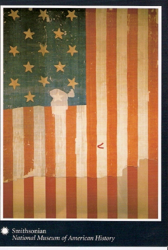 They wouldn't let us take pictures, but I loved seeing the Star Spangled Banner that flew over Ft. McHenry.  You can see it here in the postcard, superimposed over another flag to show you how much of the original flag is really missing.  If you can believe it, someone decided to cut out one of the stars to have as a souvenir!  This is the flag that inspired Francis Scott Key to write our National Anthem.