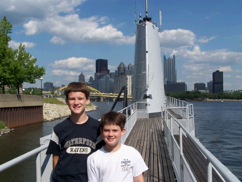 Behind the science center is a real torpedo submarine.  We took the kids on the tour which they thought was really cool.  You can see downtown Pittsburgh in the background.