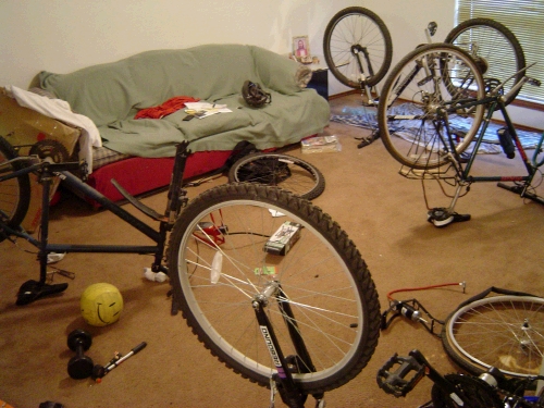 Loren and his companion have had a lot of bike problems, which led him to say, "We should just open a bike shop in our apartment."