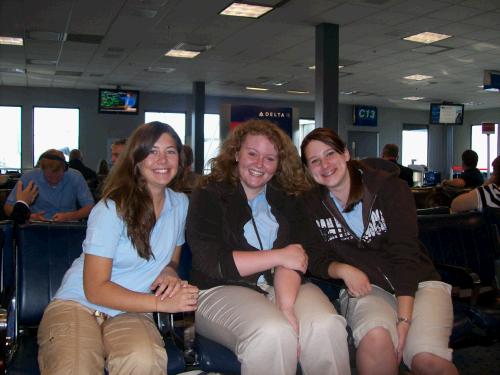 ayja, sarah, me seniors-to-be waiting for our plane in slc in our matching outfits