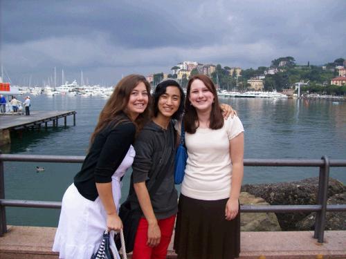 waiting for our ferry to take us to portofino for the day ayja, sam, me