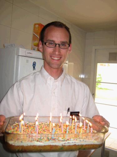 The birthday cake Nichole sent me, with all twenty-four candles! It was the "funfetti" kind with the little colored bits inside.  I felt like a kid again!