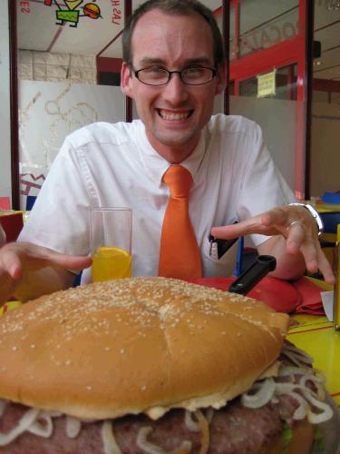 Eating with Aldo, our branch mission leader, at a place that boasts "posiblemente las hamburguesas mas grandes del mundo" (possibly the biggest hamburgers in the world). I know it looks like an optical illusion, but it was really that big. 