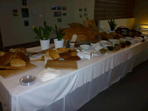 The food table was a cool display of homemade breads and pestos.