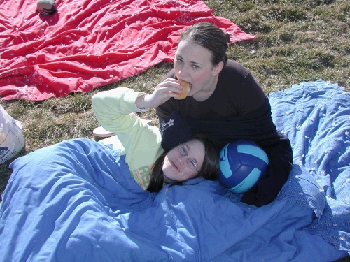 The girls were still feeling a little cool.  Of course, if they would get up and play football with their brothers, they might warm up a little!
