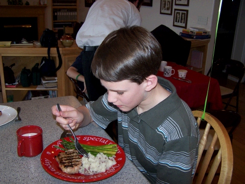 Elliot requested barbeque and asparagus.  His favorite vegies are artichokes and asparagus -- the kid has great taste, huh?