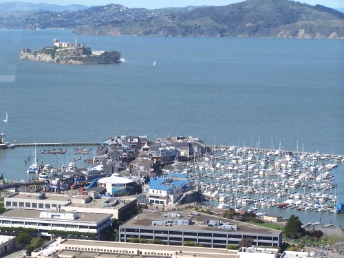 The view of Alcatraz and Pier 39 from the top of Coit Tower.  Yeah, we were tired -- and then we had to walk back down the hill and to our hotel.  I need to get better walking shoes!