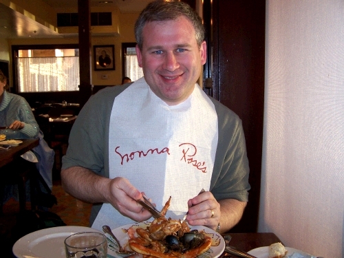 Alan enjoying a bowl of Cioppino -- his favorite seafod/Italian dish!