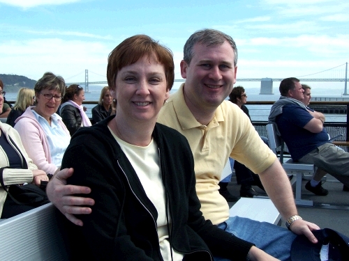 A rare photo of us together -- on our way back from Alcatraz.