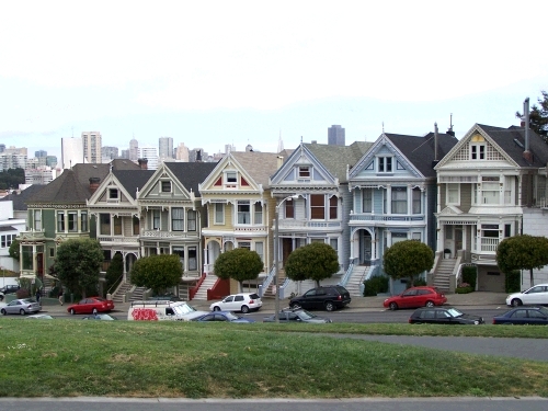 The famous Victorian Houses called "The Painted Ladies."  Also, these are the houses used in the beginning of the Full House TV series.