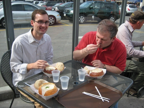 Enjoying delicious clam chowder in the famous Boudin Bakery sourdough bread bowls.  