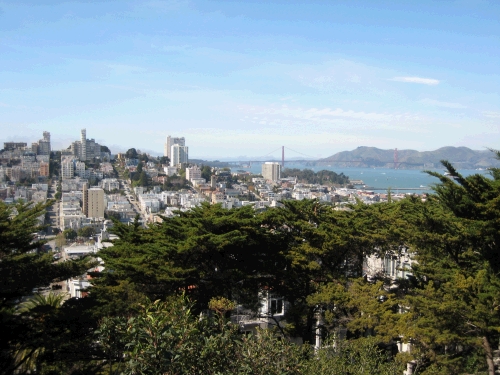 The view from Coit Tower parking lot.  If you look closely, you can see the Golden Gate Bridge in the distance.