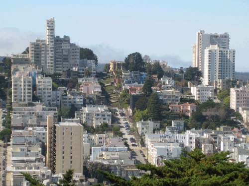 A closer look at the same view -- the top half of the main street you can see is the famous curvey Lombard Street.