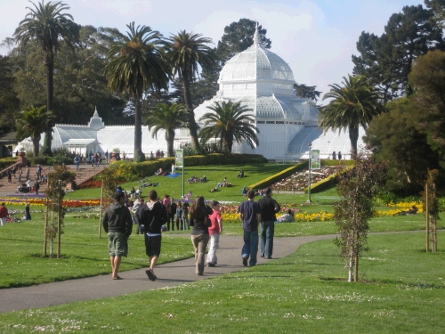 The group walking towards the flower conservatory in Golden Gate Park...