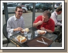 Enjoying delicious clam chowder in the famous Boudin Bakery sourdough bread bowls.  