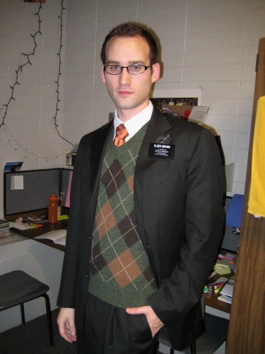 Phillip modeling the sweater vest Nichole gave him for Christmas